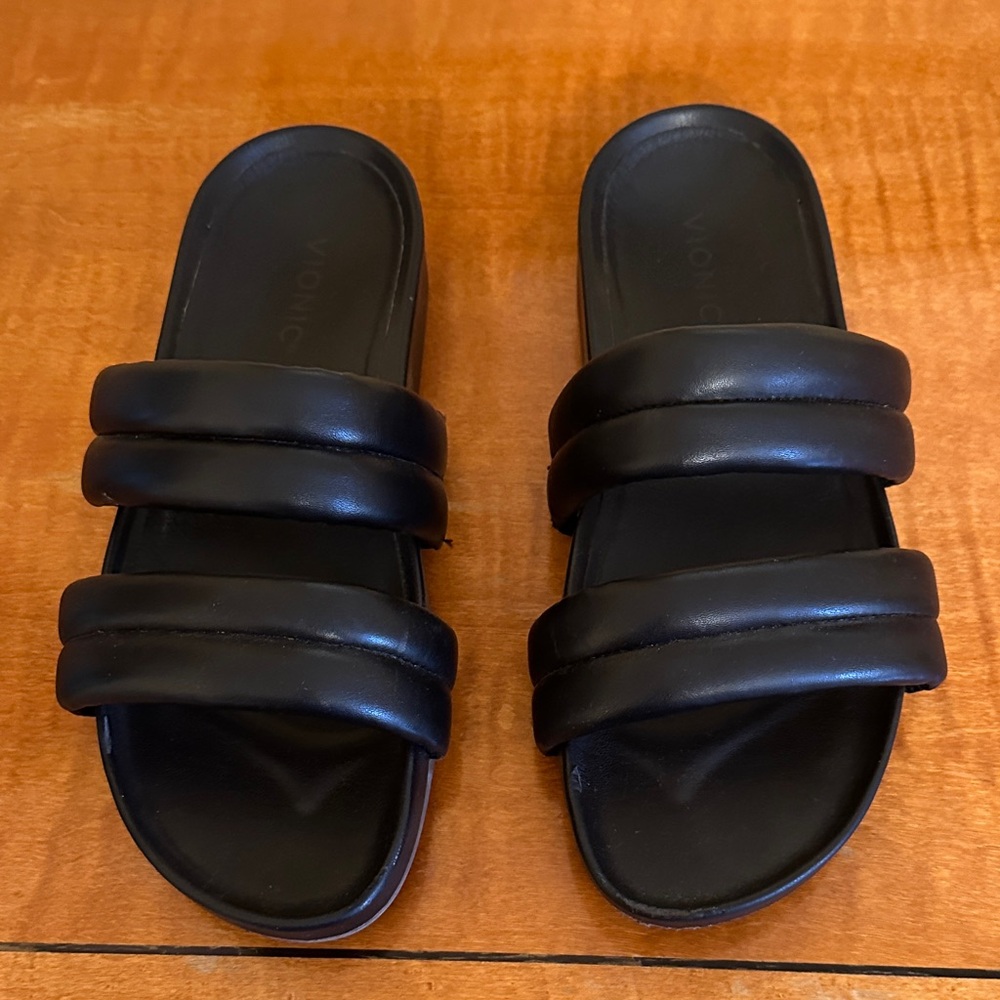 Vionic Black Padded Double-Strap Slide Sandals